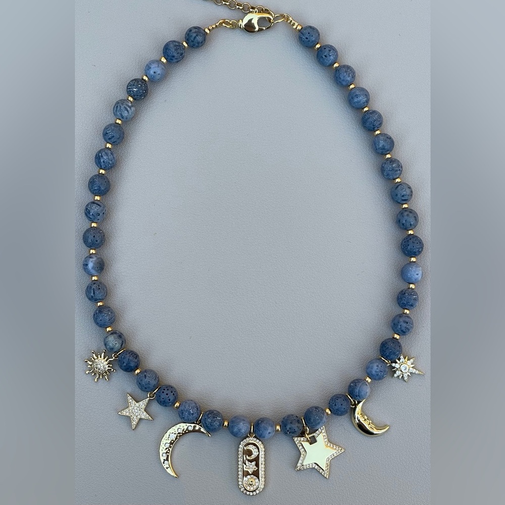 Celestial Charm Necklace Indonesian Coral beads Gold accents and charms